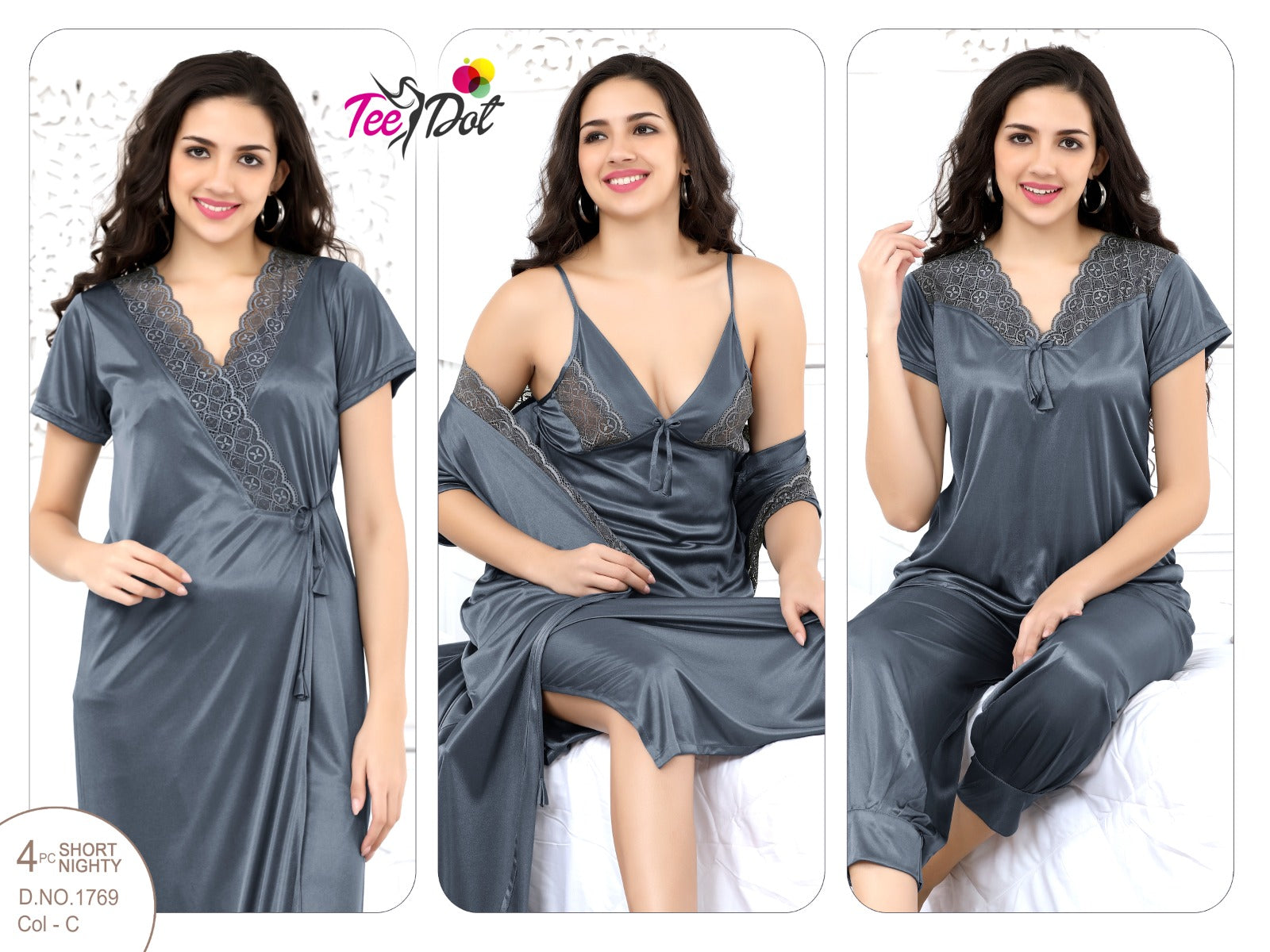4-Piece Indian Silk Nighty Set – Gown, Long Inner, Shirt & Pajama | Luxury Nightwear for Women